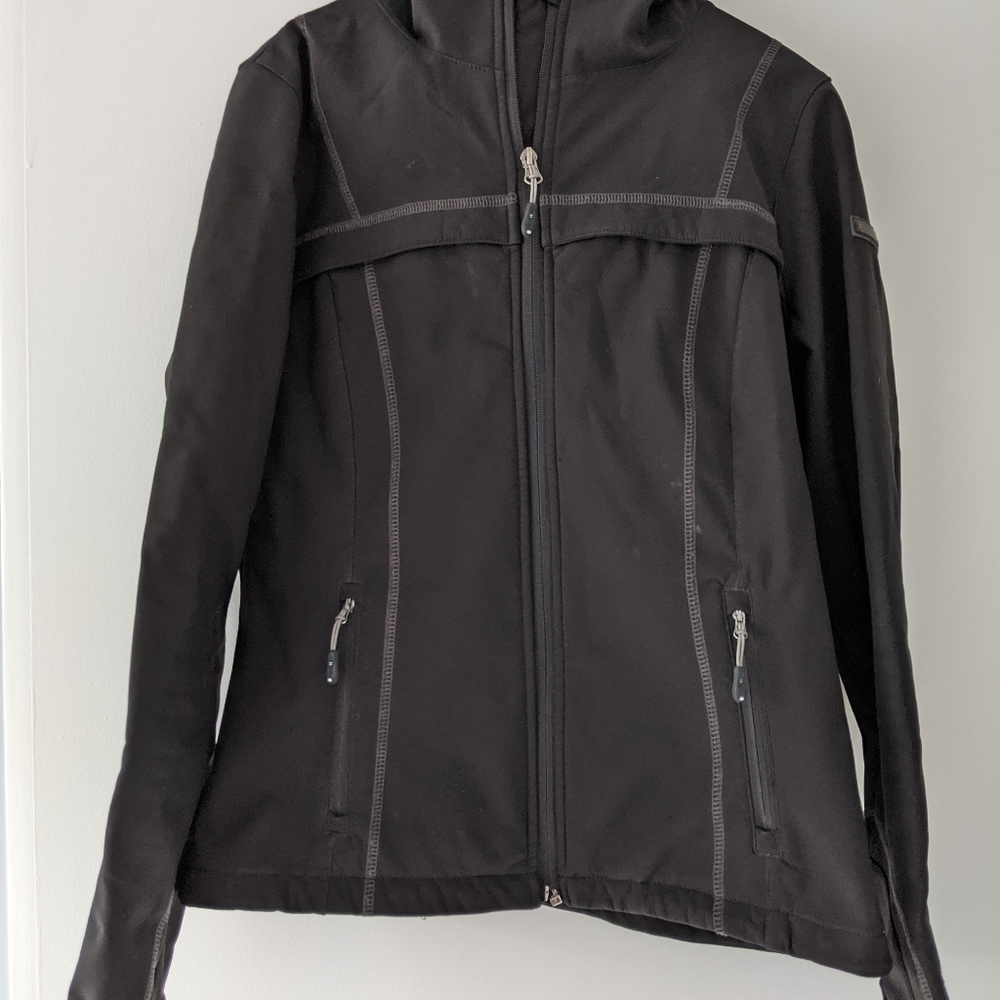 Black, hooded water resistant jacket